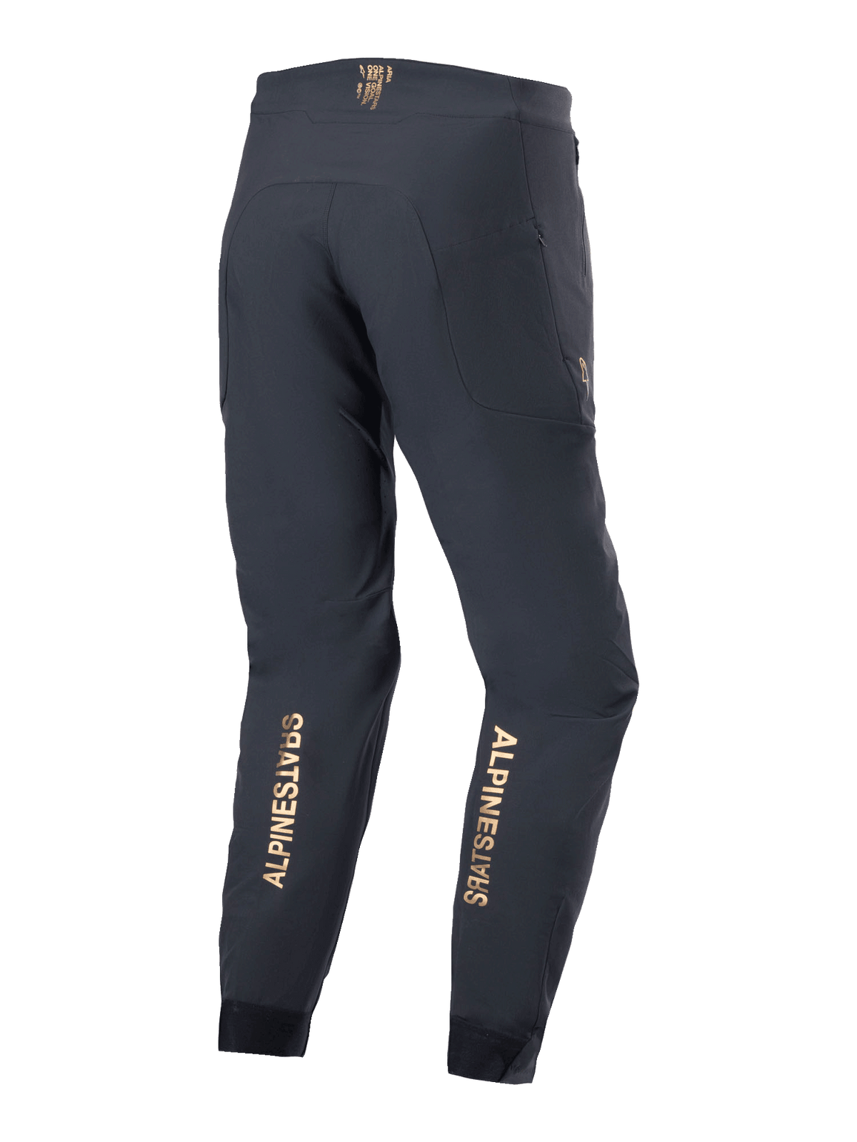 Alpinestars A-Aria Elite Hose, Mountainbike-Hose, Schwarz, Rückansicht mit goldenen vertikalen Logos an den Unterschenkeln, Performance-Passform mit feuchtigkeitsableitendem Bund und Reißverschlusstaschen, konzipiert für den Offroad-Radsport