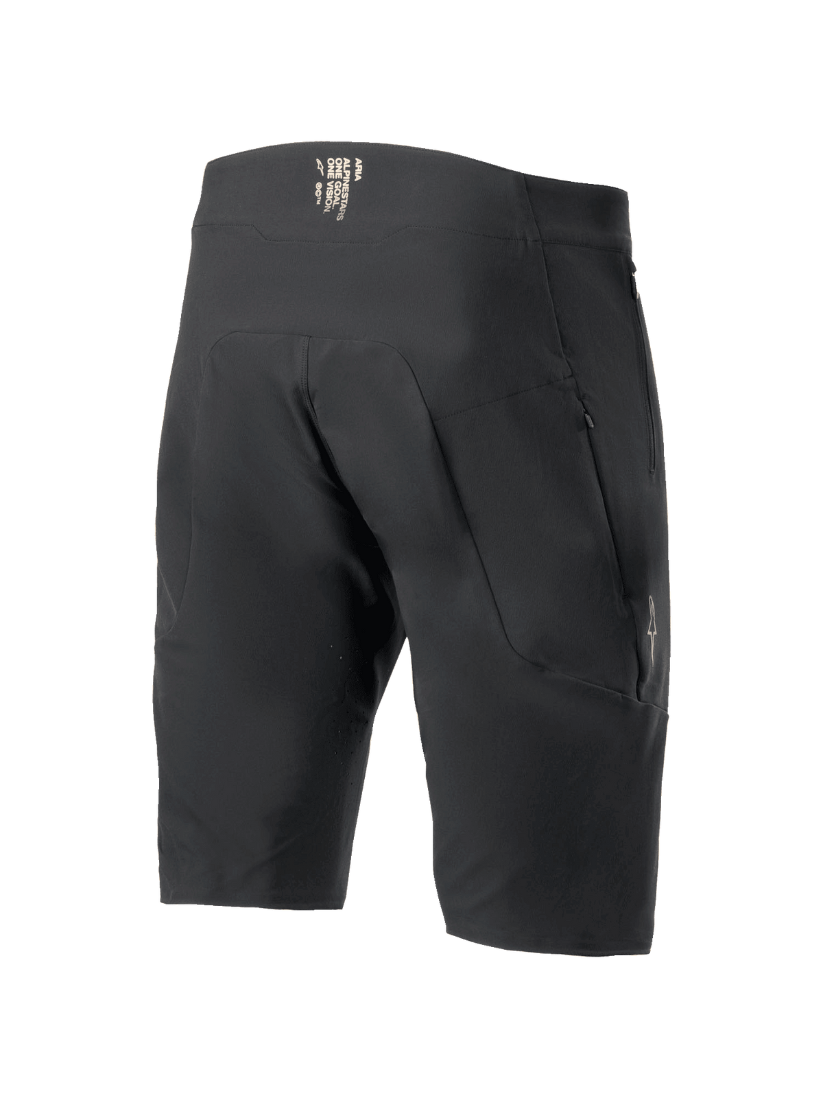Alpinestars A-Aria Elite Shorts, Mountainbike-Shorts, Schwarz, Rückansicht mit Reißverschlusstaschen und Branding am Hosenbund, technische Performance-Passform für Offroad-Radsport.