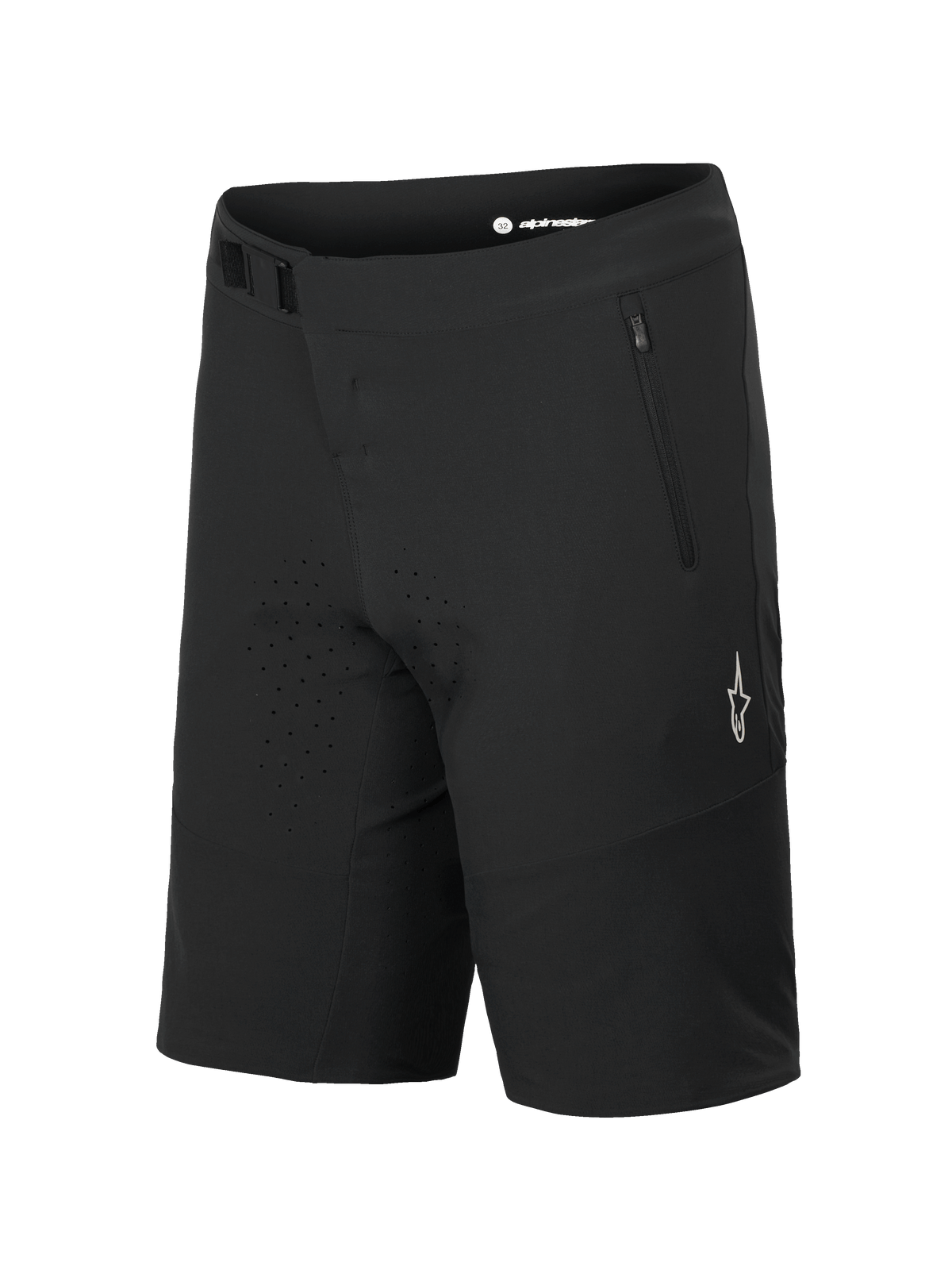 Alpinestars A-Aria Elite Shorts, Mountain Bike Shorts, Black Titanium, featuring magnetic buckle closure and zippered pocket, laser-cut ventilation holes, white A-star logo on the leg, technical apparel for trail riding