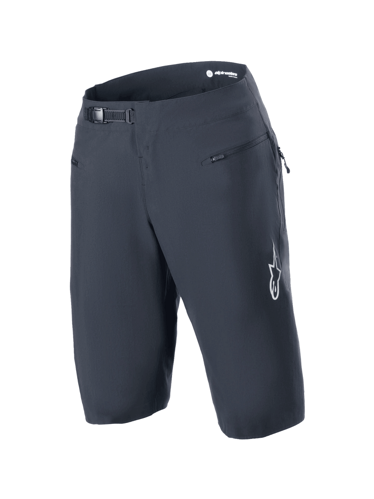 Alpinestars A-Aria Shorts, Schwarz, Mountainbike-Shorts mit Ratschenverschluss-System am Bund und Reißverschlusstaschen vorne, weißes Astars-Logo am Bein, technische Performance-Radbekleidung