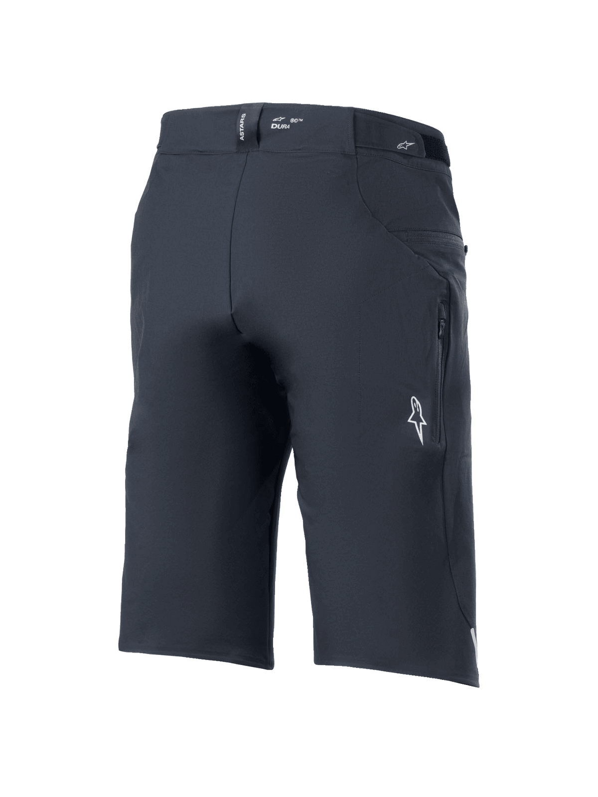 Alpinestars A-Dura Elite Shorts, Mountainbike-Shorts, Schwarz, Dreiviertelansicht von hinten mit seitlicher Reißverschlusstasche, weißem Astars-Logo und „DURA“-Branding am Bund, strapazierfähiges 4-Wege-Stretch Cordura®-Gewebe für Offroad-Radsport