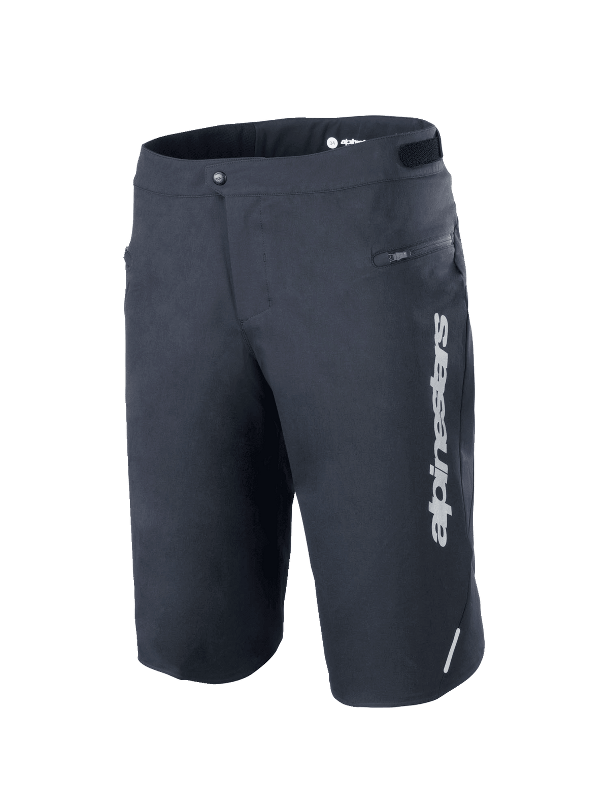 Alpinestars A-Dura Elite Shorts, Mountainbike-Shorts, Schwarz, mit vertikalem weißem Alpinestars-Logo auf dem linken Bein, seitlicher Reißverschlusstasche, Druckknopfverschluss vorne mit Klettverschluss-Taillenregulierung, reflektierendem Akzent, strapazierfähiges 4-Wege-Stretch Cordura-Gewebe für Offroad-Radsport