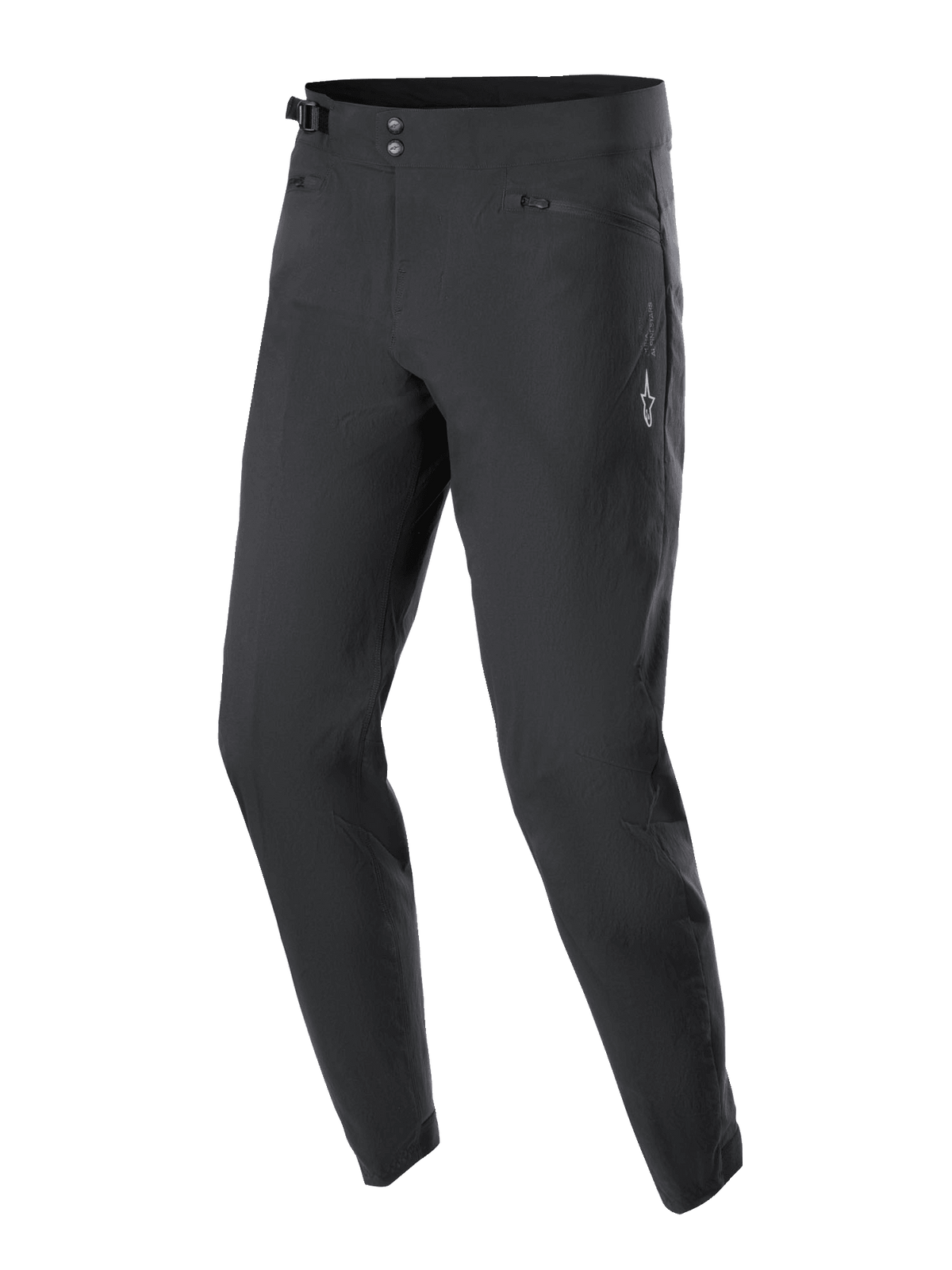 Alpinestars A-Dura Hose, Mountainbike-Hose, Schwarz, mit doppeltem Druckknopfverschluss, seitlichen Verstellern, Reißverschlusstaschen mit Mesh-Futter und einem weißen Astars-Logo am Oberschenkel, langlebiges Design für den Offroad-Einsatz.