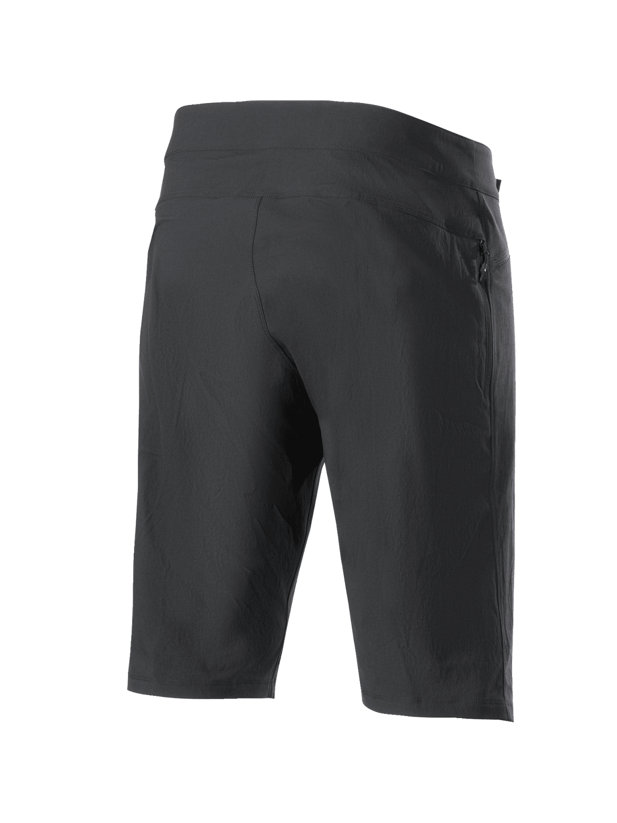 Alpinestars A-Dura Shorts, Mountainbike-Shorts, Schwarz, Rückansicht mit Reißverschlusstasche und strukturiertem Stretchgewebe, konzipiert für MTB und Offroad-Radsport.