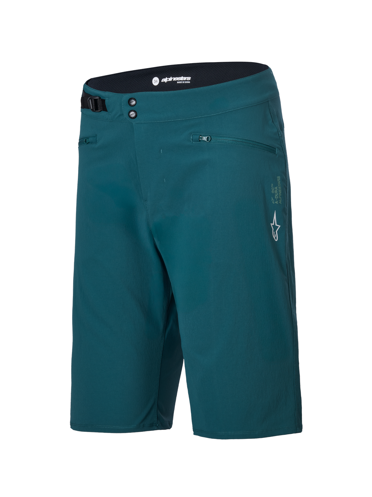 Alpinestars A-Dura Shorts, Mountainbike-Shorts, Dark Pine Green, mit Reißverschlusstaschen, doppeltem Druckknopfverschluss vorne, verstellbarem seitlichem Taillenzug und weißem Alpinestars-Logo am linken Bein, strapazierfähiges Design für MTB