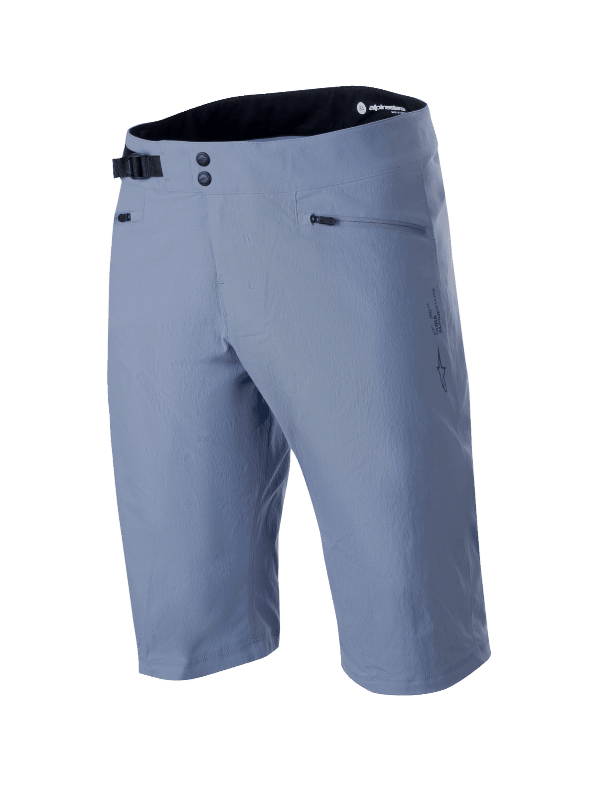 Alpinestars A-Dura Shorts, Mountainbike-Shorts, Infinity Blue, doppelter Druckknopfverschluss, verstellbare schwarze Seitenschnalle, Reißverschlusstaschen, strukturiertes 2-Wege-Stretch-Material, technische MTB-Bekleidung