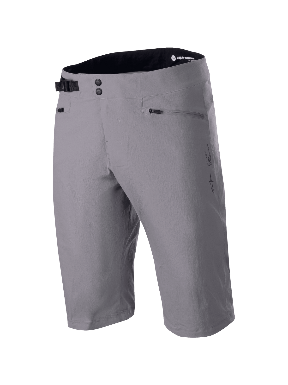 Alpinestars A-Dura Liner Shorts, dunkelgraue MTB-Mountainbike-Shorts, doppelter Druckknopfverschluss vorne mit verstellbarer seitlicher Schnalle, Reißverschlusstaschen, strapazierfähiges 2-Wege-Stretch-Textilgewebe, Astars-Logo an der Seite, schwarzer Innenbund