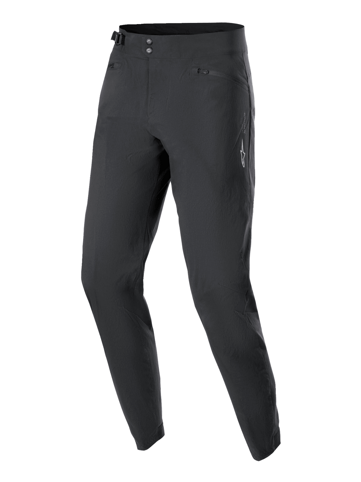 Alpinestars Women Stella A-Dura Pants, MTB Cycling Pants, Black, featuring a double snap front closure, adjustable side waist cinch, and zippered pockets, minimalist design with a small white star logo, durable 2-way stretch fabric for off-road riding