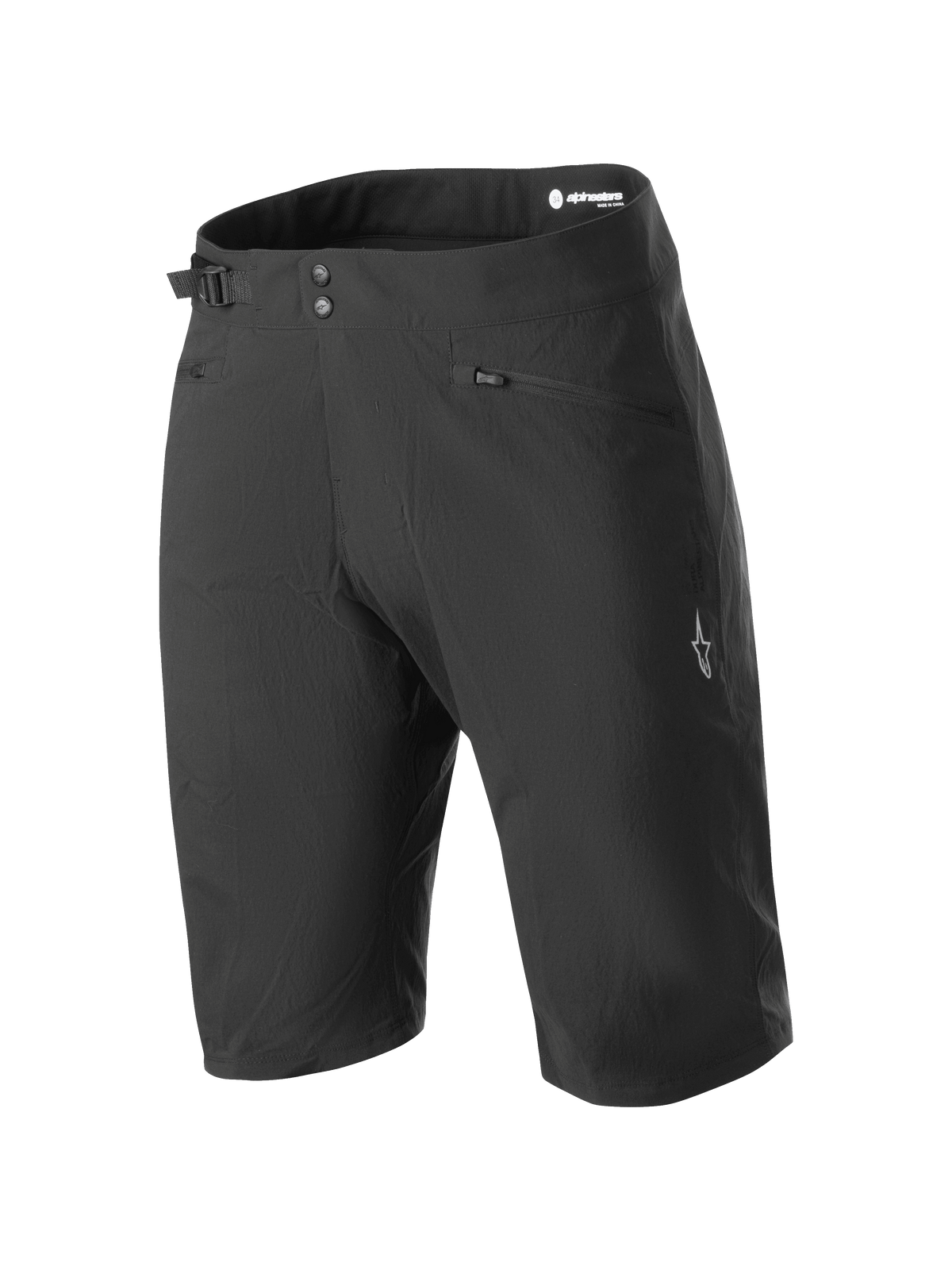 Alpinestars Stella A-Dura Liner Shorts, Damen-Mountainbike-Shorts, Schwarz, knielang mit doppeltem Druckknopfverschluss und seitlichem Taillenversteller, Reißverschlusstaschen und weißem Stern-Logo am Bein, strapazierfähiges 2-Wege-Stretch-Material für den MTB-Einsatz