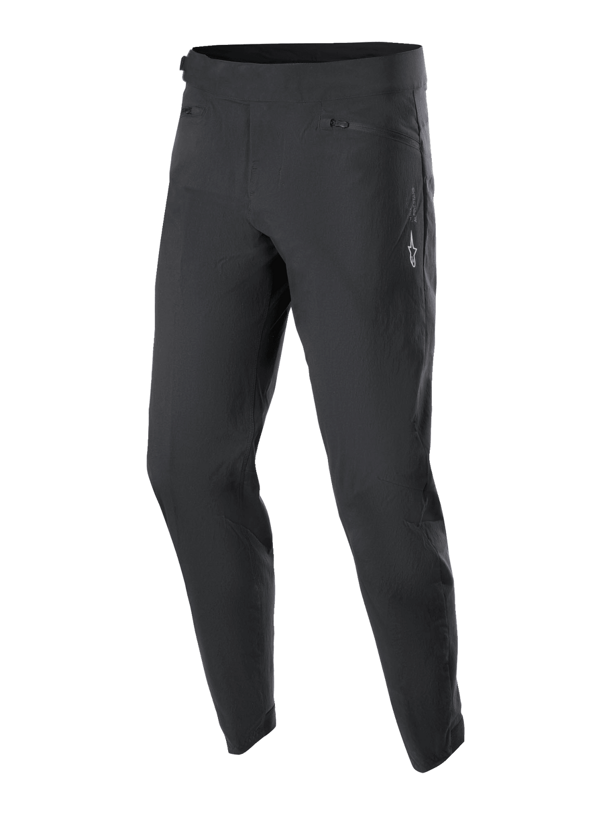 Alpinestars Youth A-Dura Hose, MTB-Radsport-Hose, Schwarz, mit zwei Reißverschlusstaschen vorne und einem kleinen weißen Alpinestars-Logo auf dem linken Oberschenkel, konisches Beindesign, strapazierfähiges Stretch-Gewebe für Jugend-Mountainbiking