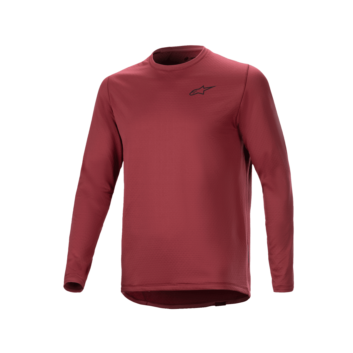 Alpinestars A-Dura Thermal Jersey, Langarm-Radsport-Trikot, Burgunderrot, texturiertes isoliertes Material mit kleinem schwarzem Stern-Logo auf der Brust, verlängertes Rückenteil für MTB-Fahrten.