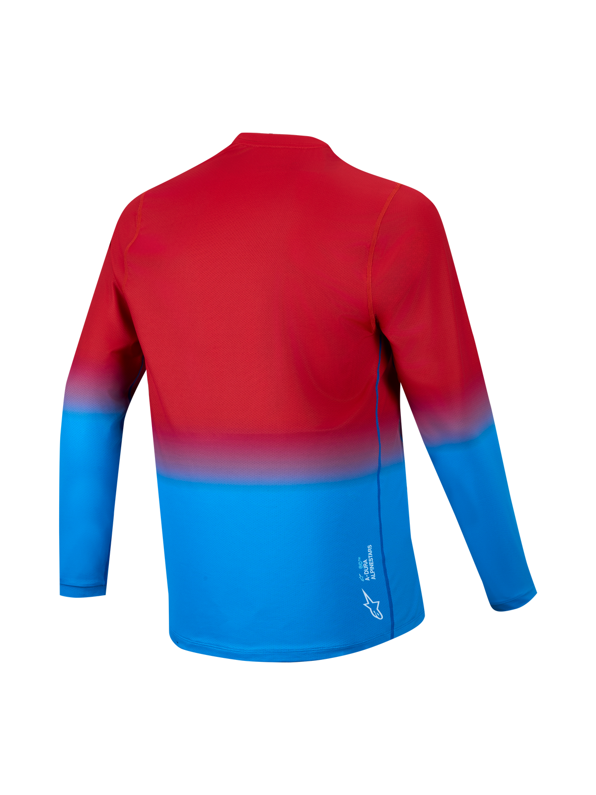 A-Dura ASTARS Jersey 2.0 Langarm, rot-blauer Farbverlauf, Rückansicht mit verlängertem Rücken und Funktionsgewebe.