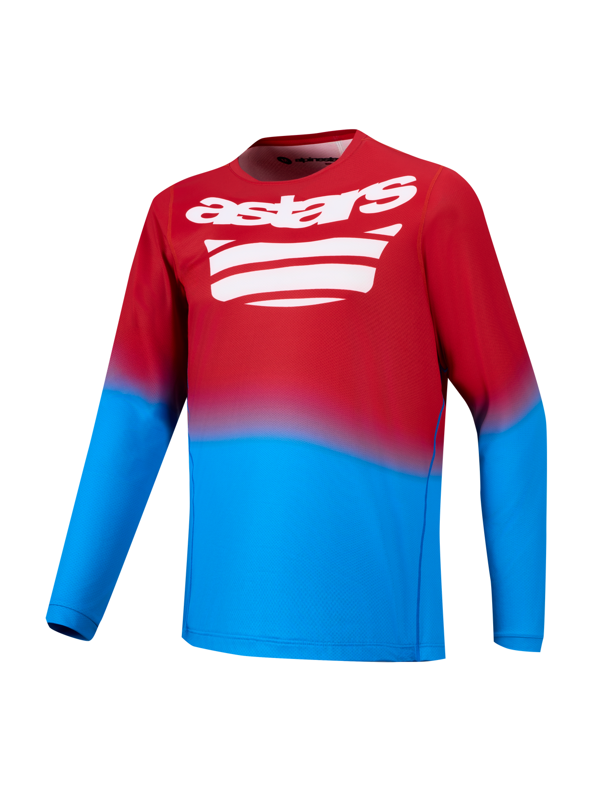 Hellrot-blaues A-Dura ASTARS 2.0 Langarm-MTB-Trikot mit weißem Grafik-Logo auf der Brust.