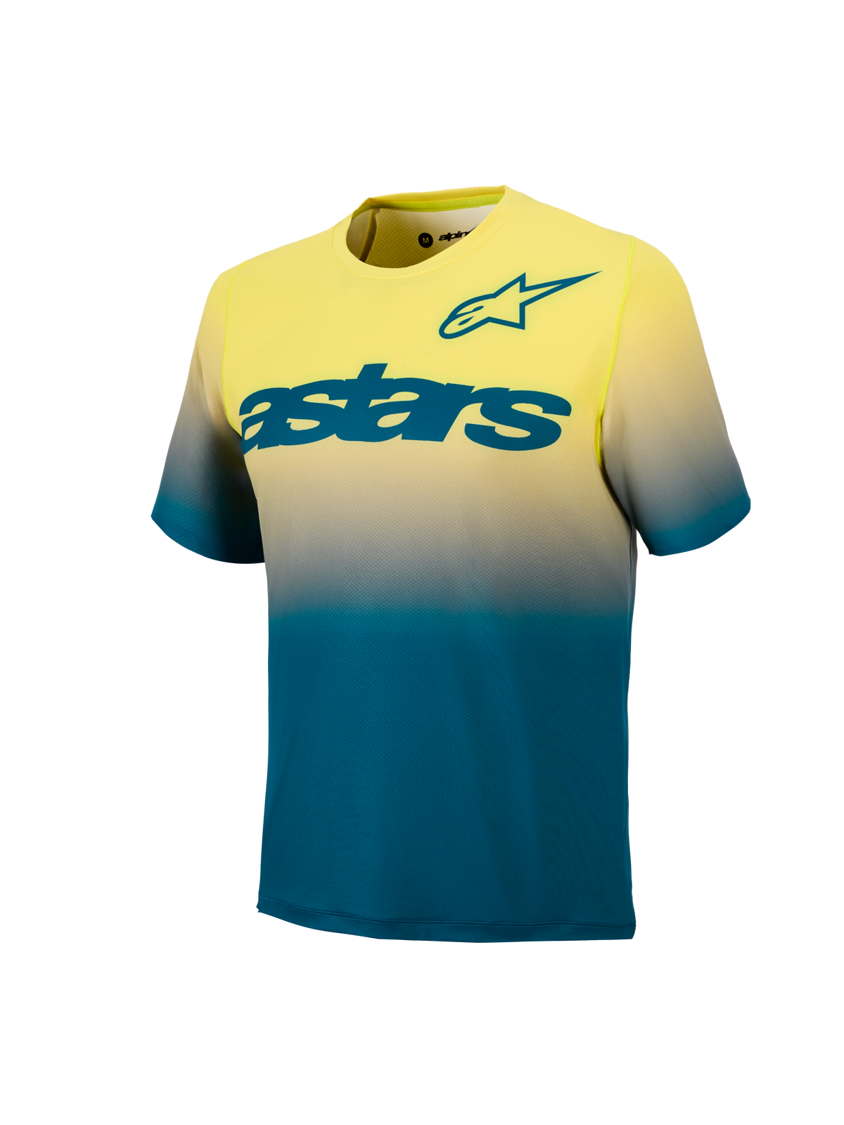 A-Dura ASTARS Jersey 2.0, Kurzarm-MTB-Trikot in Gelb-Fluo mit blau-grünem Verlauf und markantem Branding auf der Brust.