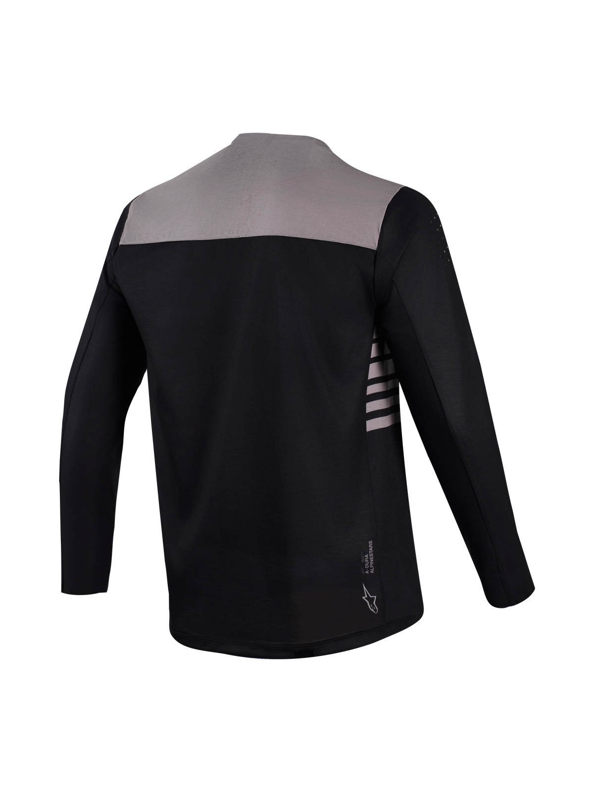 Alpinestars A-Dura Elite Trikot 2.0, Rückansicht in Schwarz-Grau mit verlängertem Rücken für MTB-Performance.