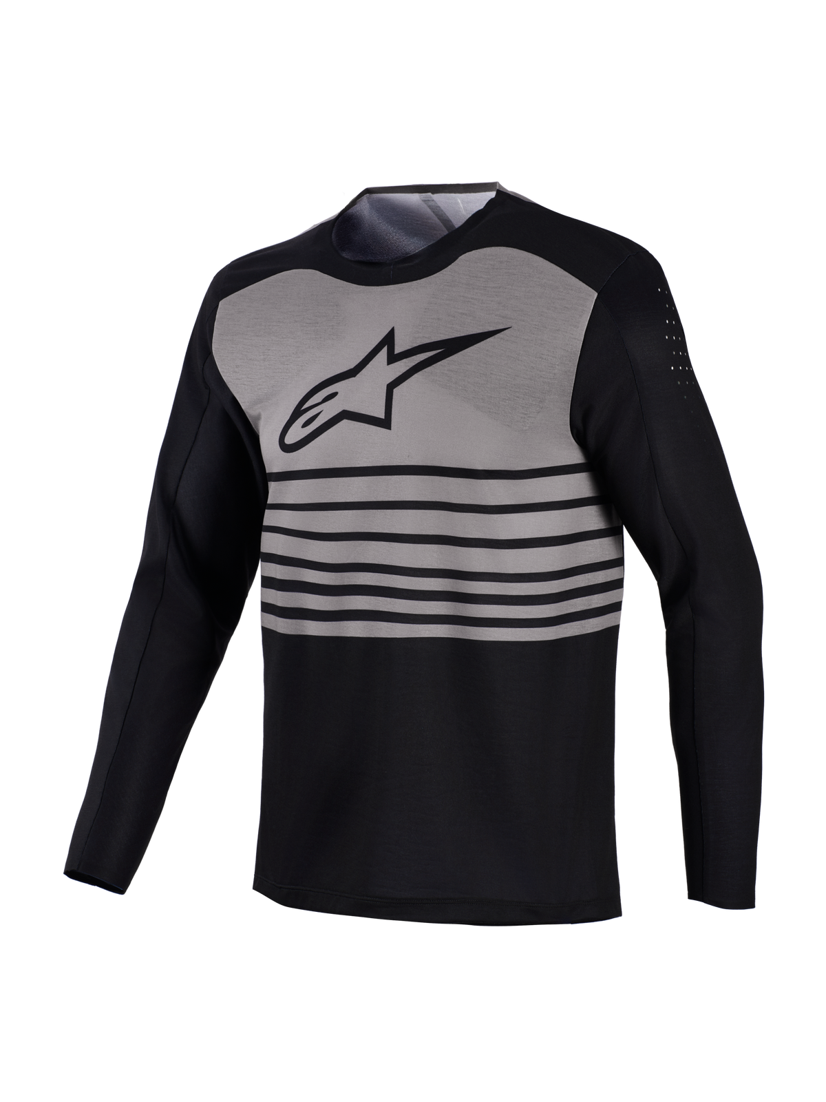 A-Dura Elite MTB-Trikot, schwarz-grau mit horizontalen Streifen und atmungsaktiven Perforationen am Oberarm.