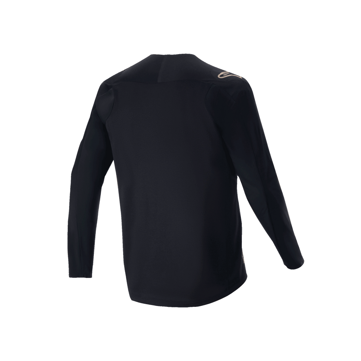 Alpinestars A-Aria Polartec Switch Langarmtrikot, Schwarz, Rückansicht eines Mountainbike-Trikots, mit kleinem beigem Logo auf der Schulter und verlängertem Rückensaum, technisches feuchtigkeitsableitendes Material für Offroad-Radsport