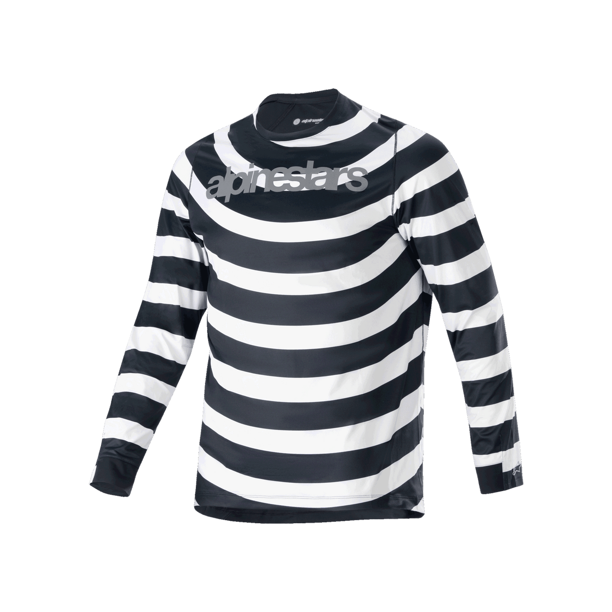 Alpinestars A-Aria Oscar Trikot, Langarm-MTB-Trikot, schwarz-weiße spiralförmige Querstreifen, graues Alpinestars-Logo auf der Brust, leichte und atmungsaktive Performance-Radbekleidung