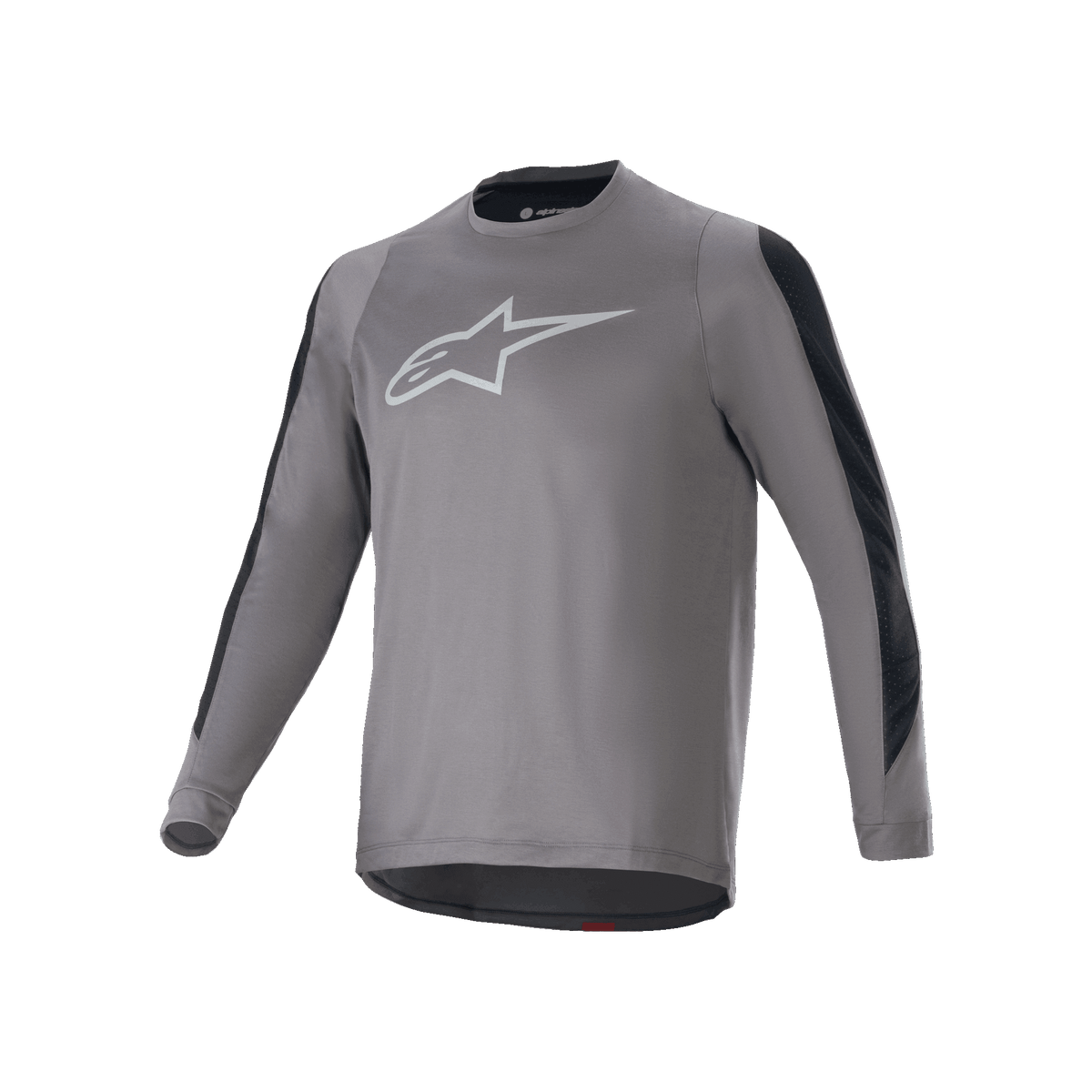 Alpinestars A-Dura Dri Astar Langarmtrikot, Dunkelgrau mit weißem Astar-Logo auf der Brust, schwarze Mesh-Belüftungseinsätze an den Ärmeln, Performance-Radsportbekleidung für MTB