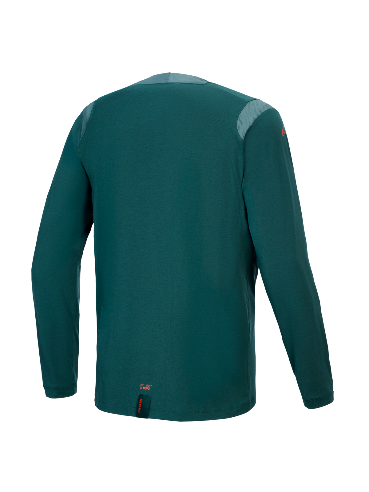 Alpinestars A-Dura Dri Wool Jersey – Langarm, Dark Pine, Rückansicht mit Mesh-Einsätzen an den Schultern und am Kragen, technisches Wollmischgewebe, verlängerter Rücken für MTB-Abdeckung, kleines oranges Branding am unteren Saum