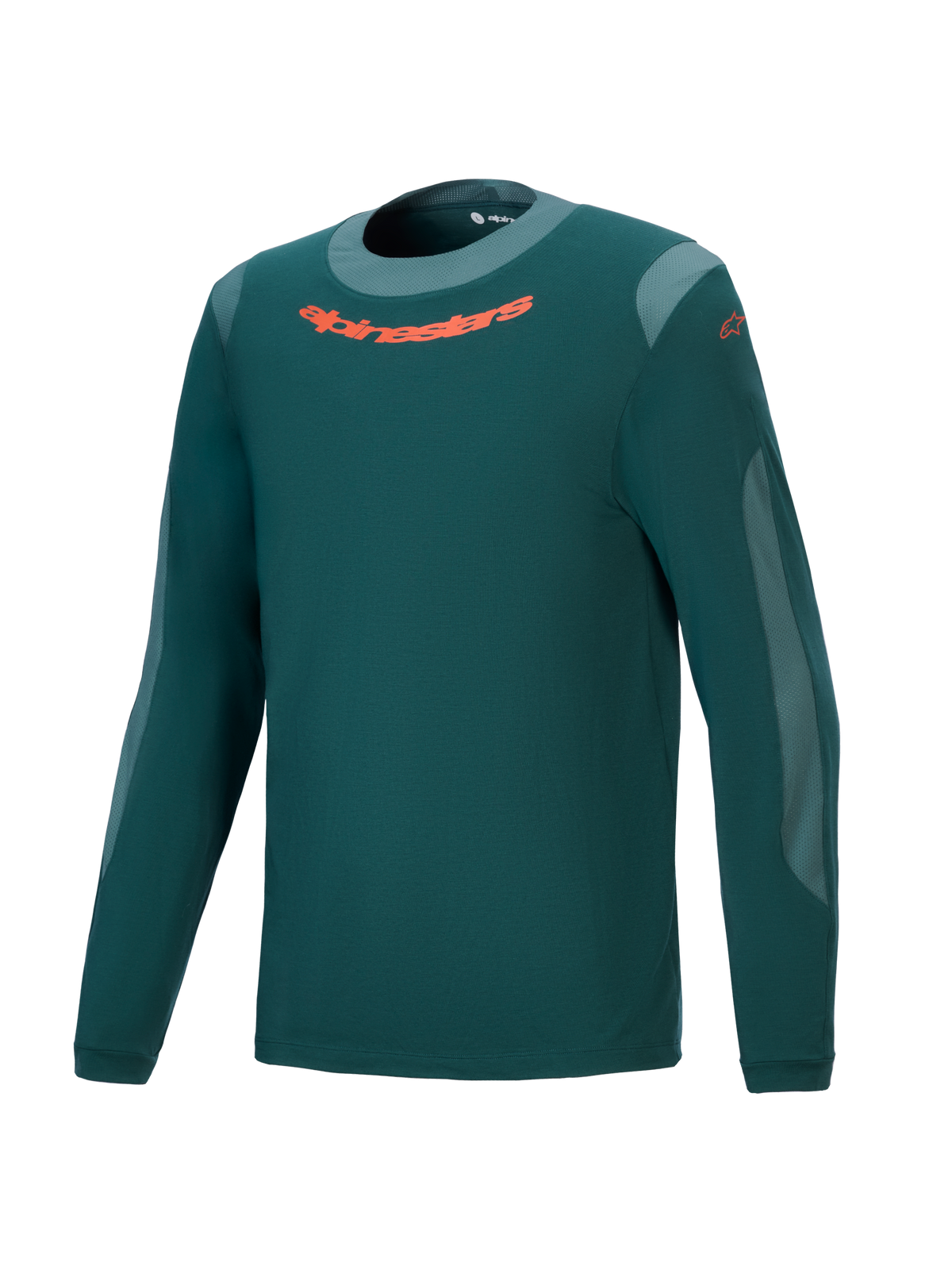 Alpinestars A-Dura Dri Wool Jersey – Langarm, Dark Pine Grün, Performance-Mountainbike-Trikot mit orangefarbenem Logo auf der Brust, hellgrauen Mesh-Einsätzen und Rundhalsausschnitt