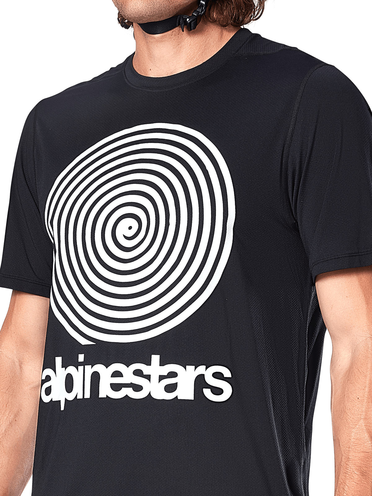 Alpinestars A-Dura Oscar Trikot, Kurzarm-MTB-Trikot, Schwarz, mit großer weißer Vintage-Oscar-Spiralgrafik und Alpinestars-Schriftzug auf der Brust, Performance-Radsportbekleidung