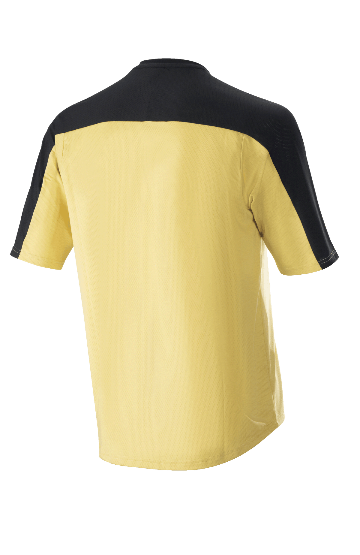 Alpinestars Drop Meta Jersey – Kurzarm, Mountainbike-Trikot, Gold mit schwarzer Schulterpasse und Ärmeleinsätzen, Rückansicht, verlängerter Saum für bessere Abdeckung, leichtes Mesh-Material.