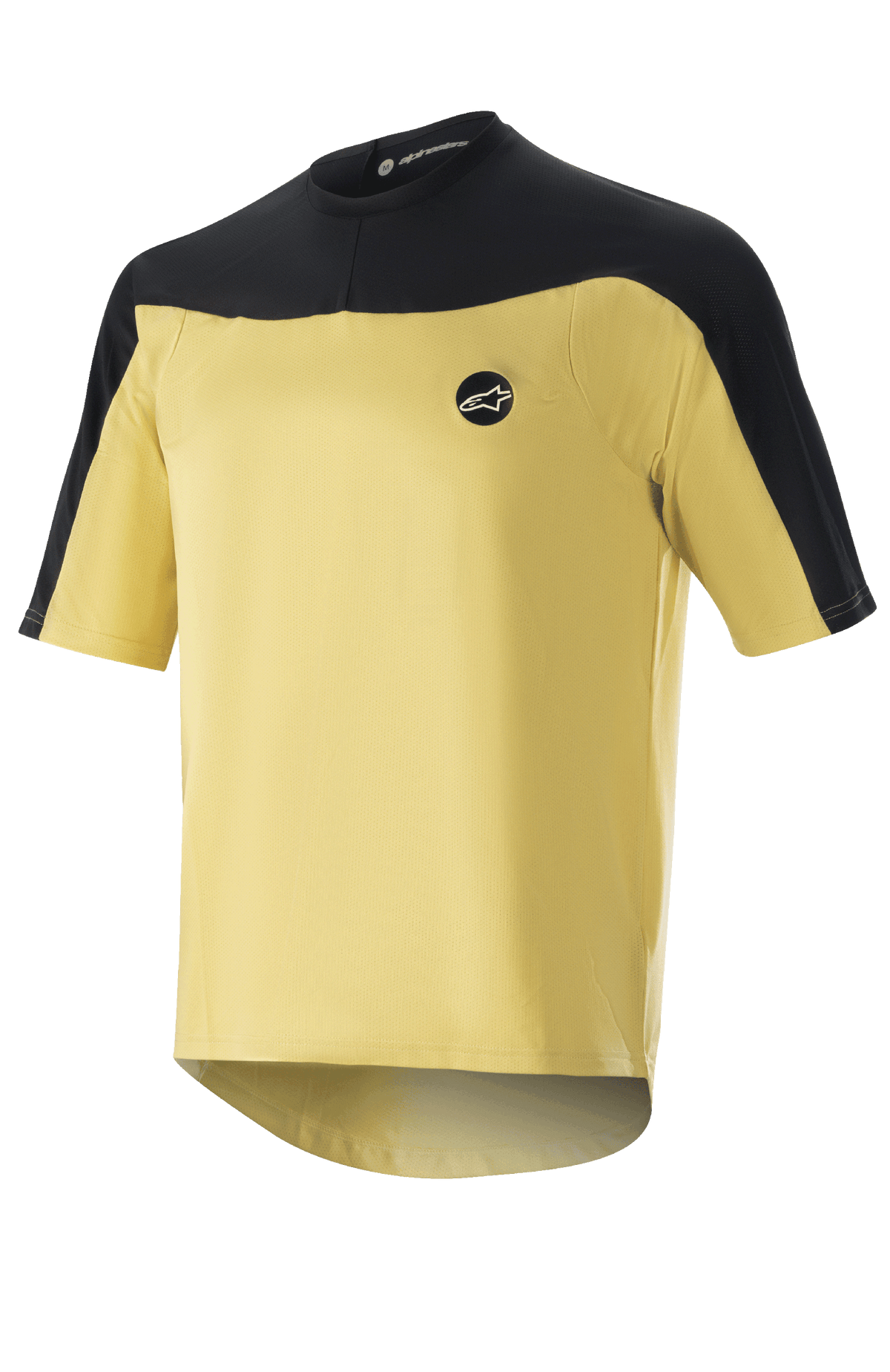 Alpinestars Drop Meta Trikot – Kurzarm, MTB-Fahrradtrikot, Gold und Schwarz, Mesh-Konstruktion mit farblich abgesetzten Schulterpartien, kreisförmiges Brustlogo und verlängerter Rücksaum.