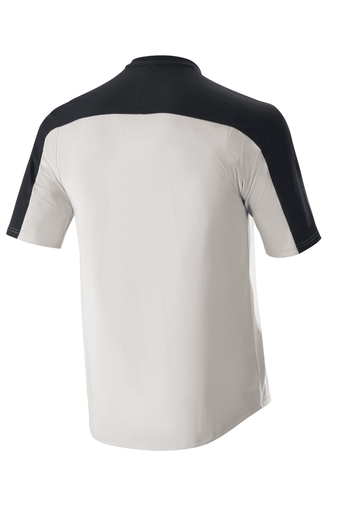 Alpinestars Drop Meta Trikot - Kurzarm, MTB-Trikot, Hellgrau und Schwarz, Rückansicht mit schwarzer Schulterpasse und verlängertem Rückenteil, atmungsaktive Mesh-Konstruktion für Offroad-Radsport