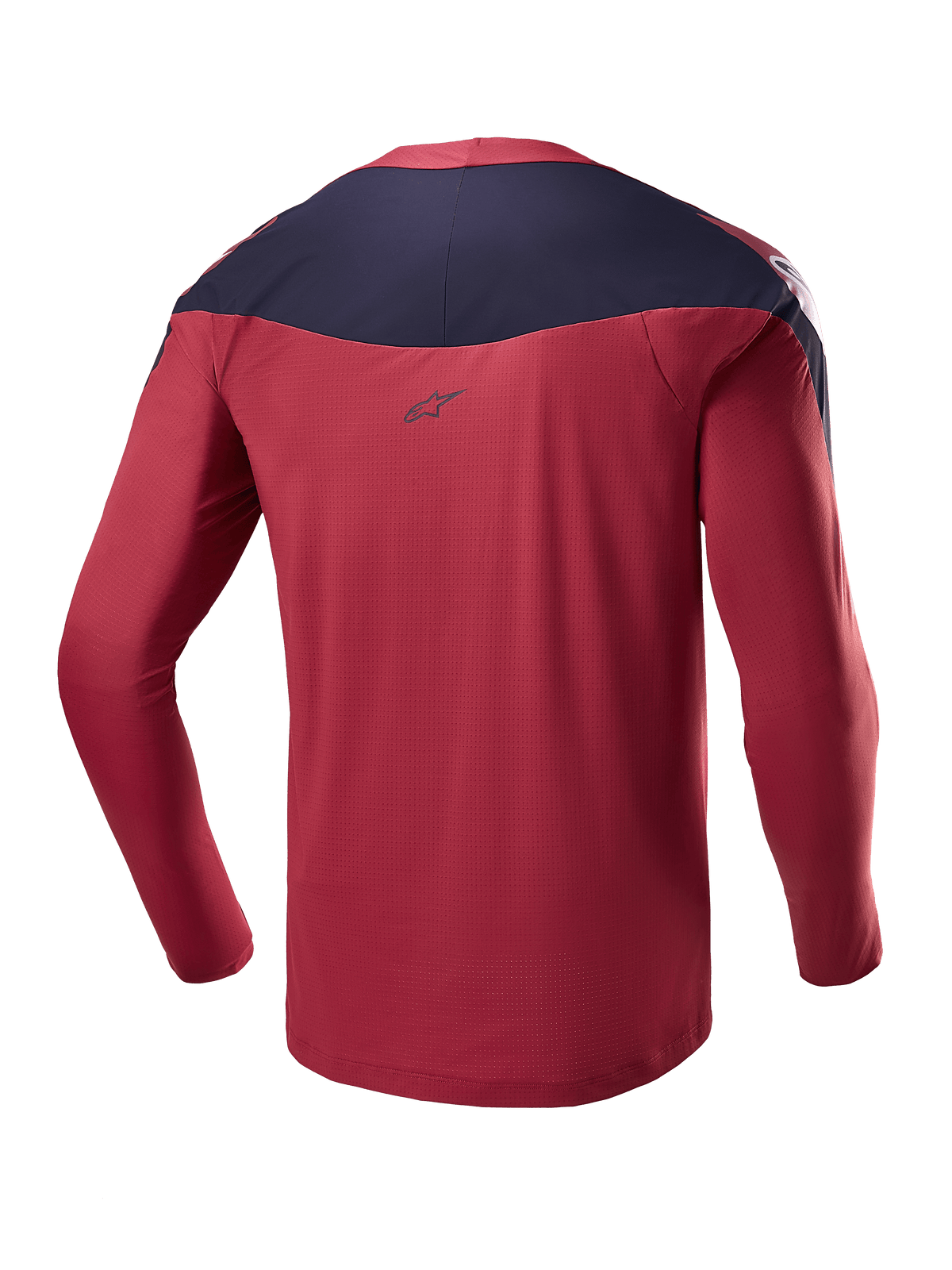 Alpinestars A-Supra Race Jersey - Long Sleeve, Burgundy and Navy, Rear view showing technical micro-perforated fabric, dark shoulder panel with logo, performance MTB gear