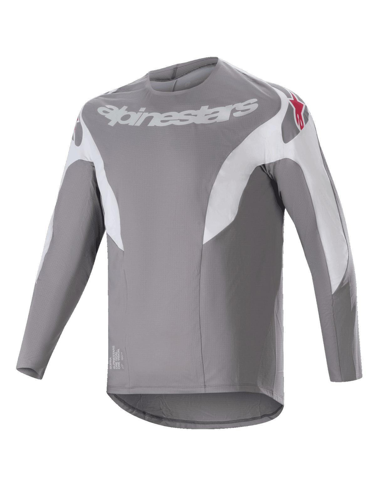 Alpinestars A-Supra Race Jersey, Long Sleeve MTB Jersey, Dark Gray with white paneling, featuring white Alpinestars logo on the chest and red star logos on shoulders, technical micro-perforated fabric with a dropped tail design for off-road cycling