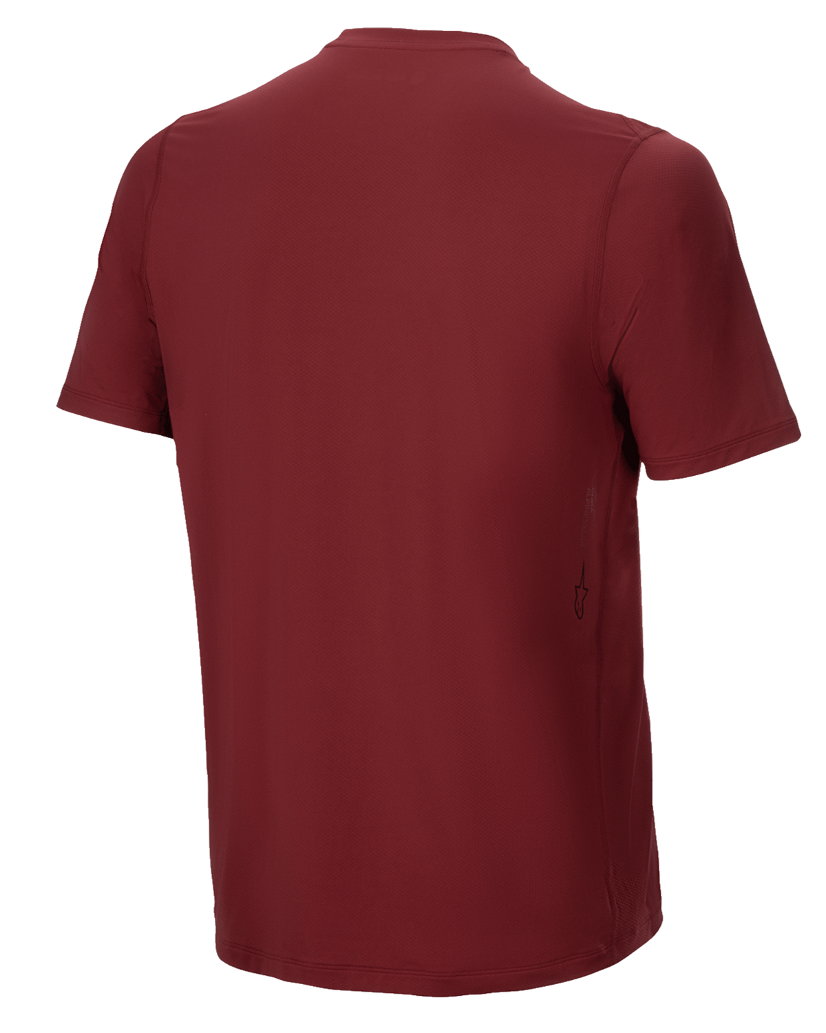 Alpinestars A-Dura Switch Kurzarmtrikot, Burgund, Rückansicht, mit verlängertem Rückensaum und einem kleinen vertikalen Alpinestars-Logo an der unteren Seite, Performance-MTB-Fahrradbekleidung.