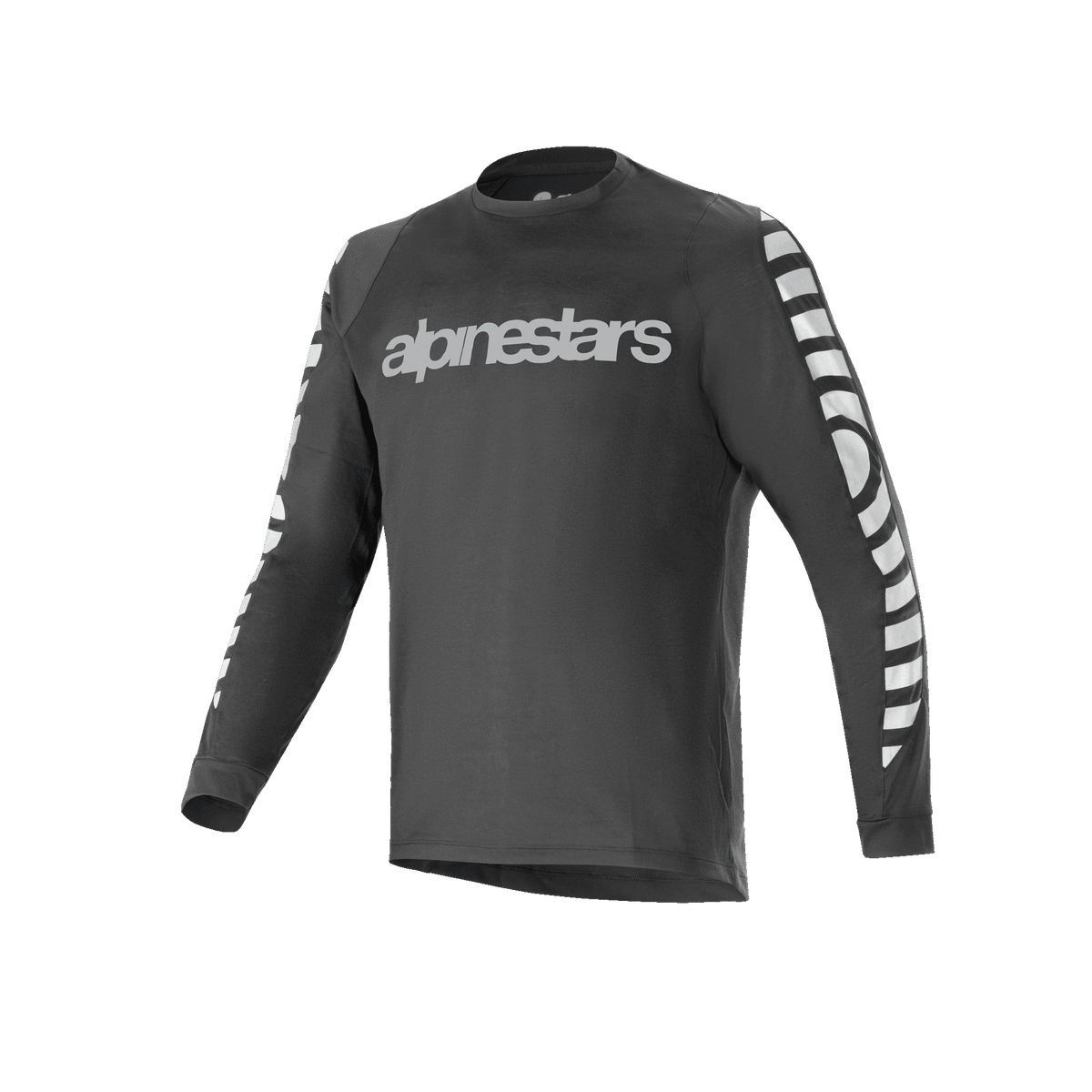 Alpinestars A-Dura Dri Oscar Langarmtrikot, Radsporttrikot, Schwarz Reflektierend, mit großem silbernem reflektierendem Schriftzug auf der Brust und grafischen Mustern an den Ärmeln, technische Mountainbike-Funktionsbekleidung