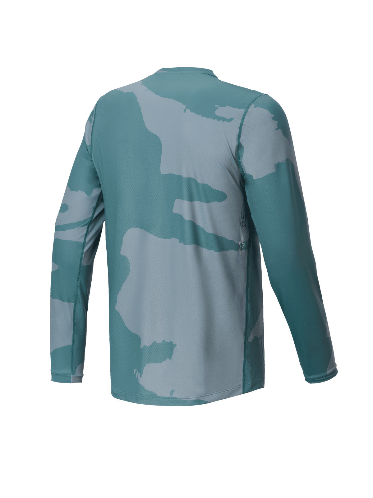 Alpinestars Jugend A-Dura Hollow Camo Trikot, Langarm-MTB-Trikot, Silver Pine Camo Grün, Rückansicht mit kleinem Logo-Detail und verlängertem Rückenteil für optimale Abdeckung beim Radfahren