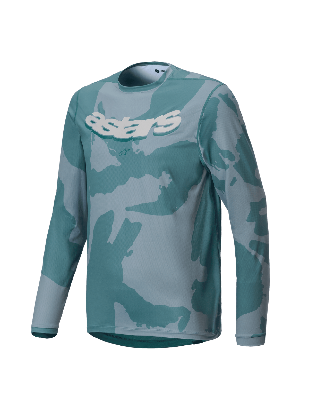 Alpinestars Youth A-Dura Hollow Camo Trikot, Langarm-MTB-Trikot, Silver Pine Camo mit türkisfarbenen und grauen Mustern, markante weiße astars-Grafik auf der Brust, Performance-Material für Jugend-Trail-Fahrten