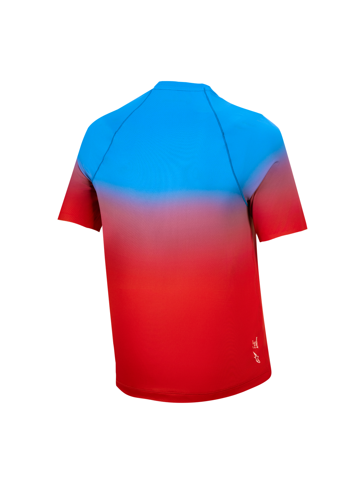 Jugend A-Dura Astars Trikot 2.0, Kurzarm-MTB-Trikot, hellrot-blauer Farbverlauf, Performance-Ausrüstung in der Rückansicht.