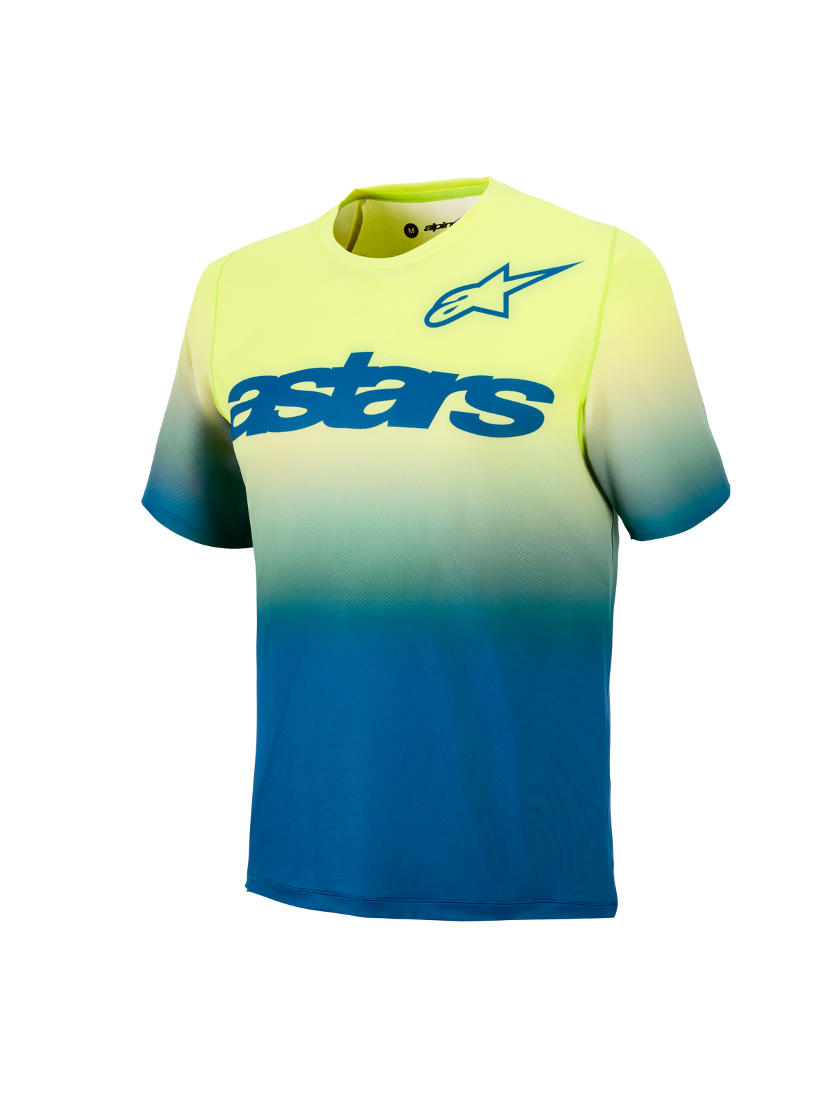 Jugend A-Dura Astars Trikot 2.0, Kurzarm-MTB-Jersey in gelb-blauem Farbverlauf mit markanten blauen Brustlogos.