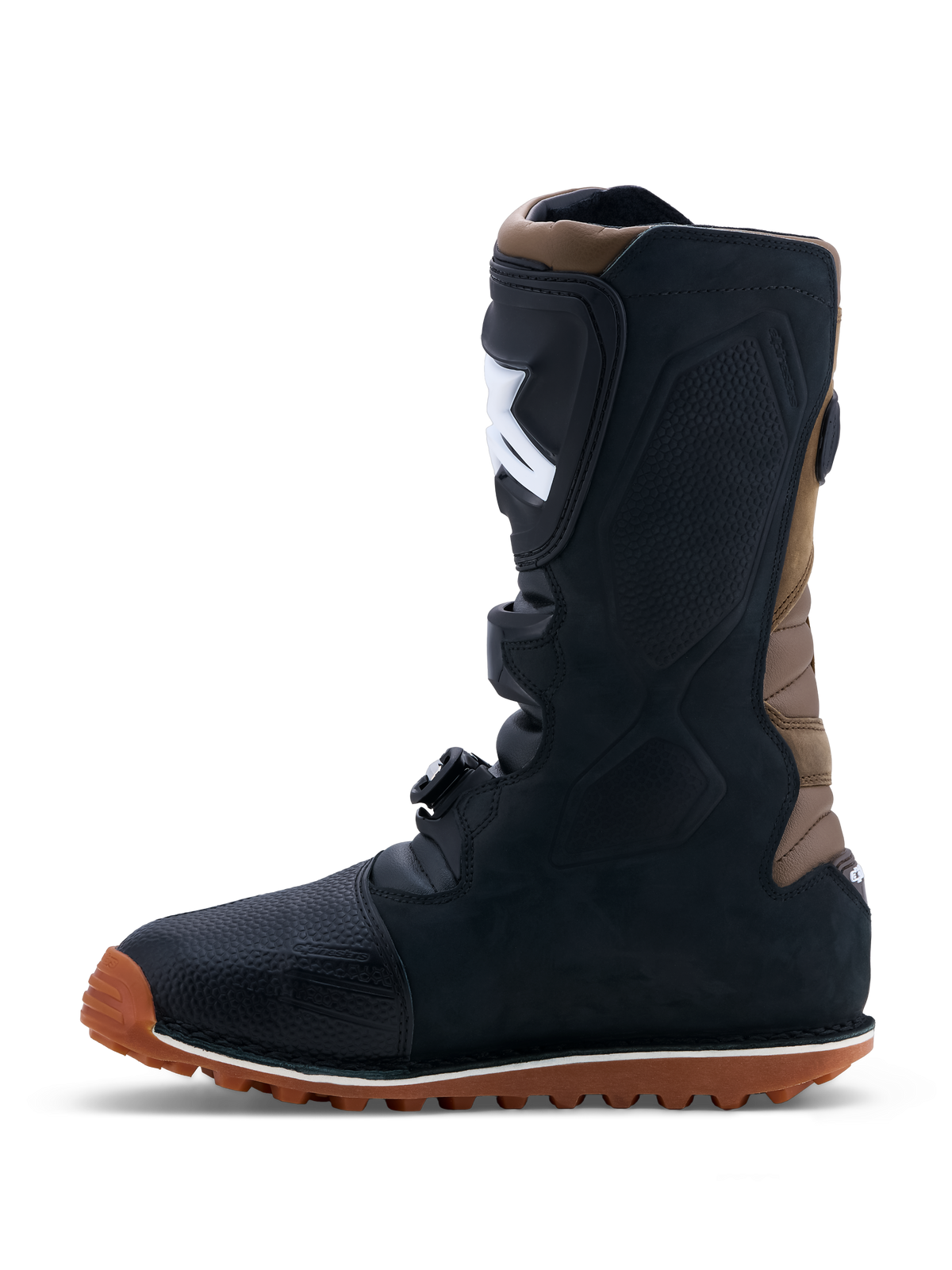 Alpinestars Tech-T Boots, Men's trials motorcycle boots, Black and Brown leather with high-grip gum rubber sole and buckles.