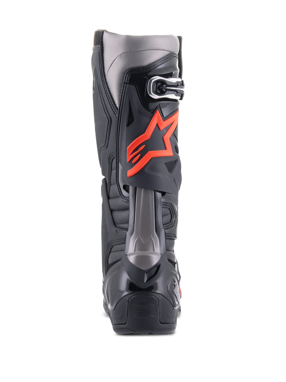 Alpinestars Tech 10 Boots, Motocross Boots, Black and Red Fluo, rear view featuring technical TPU shell, dark grey panels, and a prominent fluorescent red star logo on the calf.