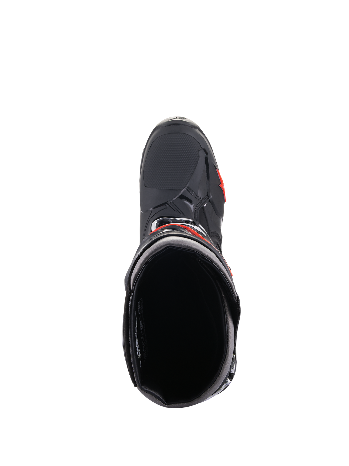 Alpinestars Tech 10 Boots, Motocross Boots, Black and Red Fluo, top-down view looking into the boot opening, featuring a streamlined black shell with red accents and textured toe area