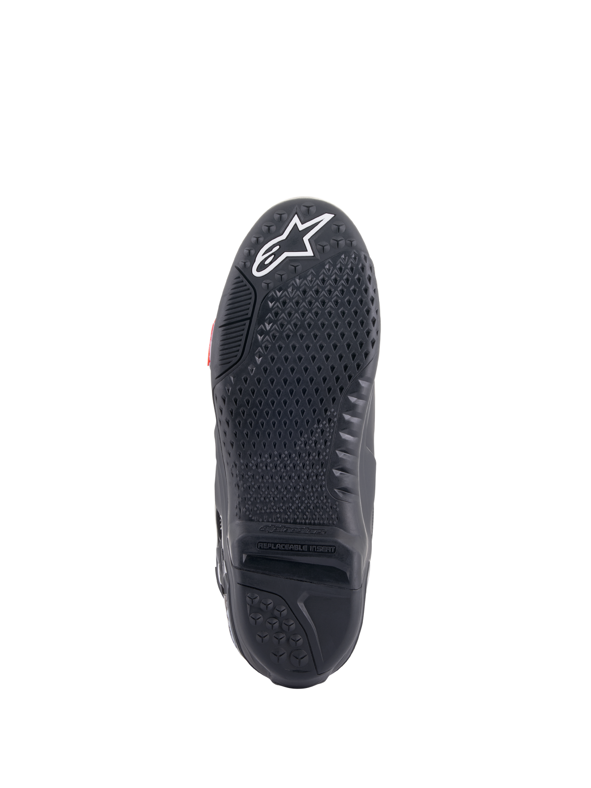 Alpinestars Tech 10 Boots, Motocross Boots, Black sole view, featuring proprietary grip sculpturing with textured tread, white star logo on the toe, and replaceable central sole insert for off-road performance