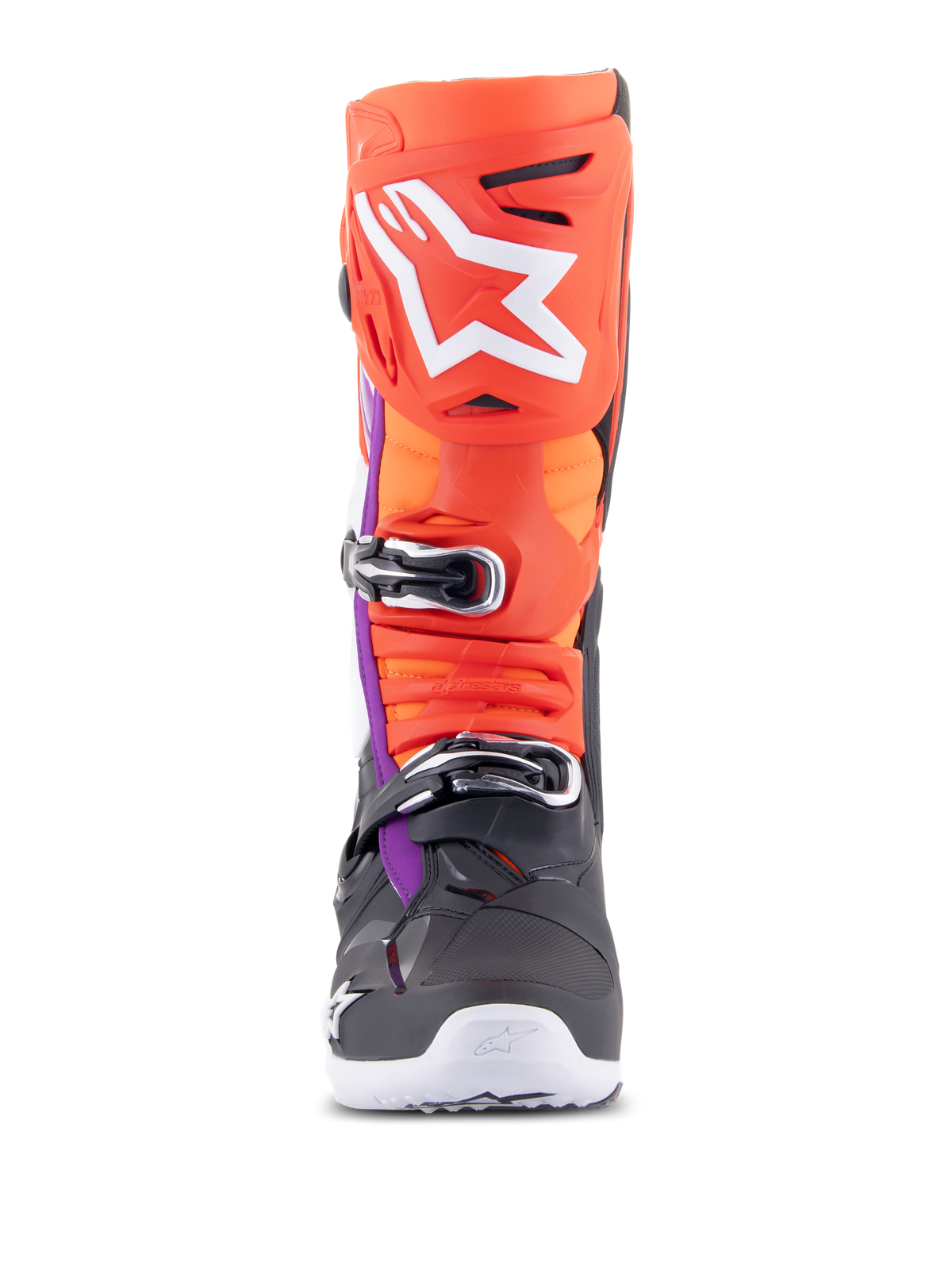 Alpinestars Tech 10 Stiefel, Motocross-Stiefel, Schwarz, Neonrot, Neonorange und Weiß mit violetten Akzenten, Vorderansicht mit Mehrfach-Schnallenverschlusssystem und großem weißen Logo auf dem Schienbeinschützer