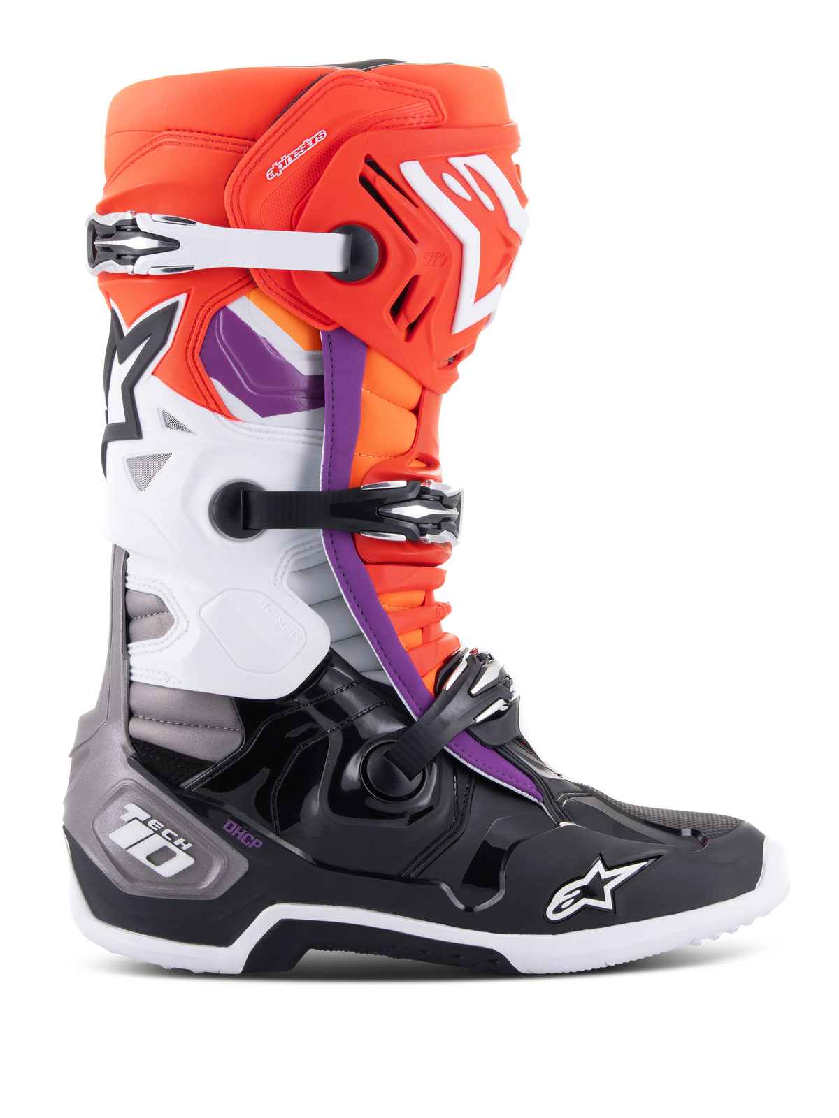Alpinestars Tech 10 Stiefel, Motocross-Stiefel, Schwarz, Fluo-Orange, Weiß und lila Akzente, mit einem Dreifach-Schnallen-Verschlusssystem, Stern-Logos an Schienbein und Zehen sowie DHCP-Fersenschutz, Profilansicht von Offroad-Rennstiefeln