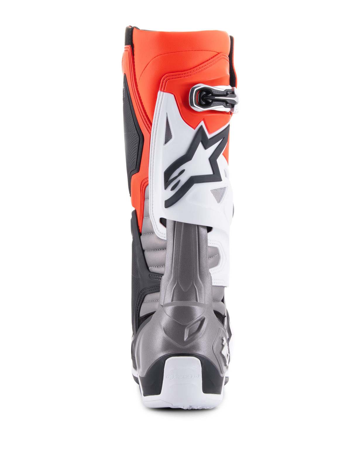 Alpinestars Tech 10 Stiefel, Motocross-Stiefel, Schwarz, Rot, Fluo-Orange und Weiß, Rückansicht mit leuchtend orangefarbenem Obermaterial, weißer Protektorenplatte mit schwarzem Logo und metallisch-grauem Fersenbereich für Offroad-Rennleistung