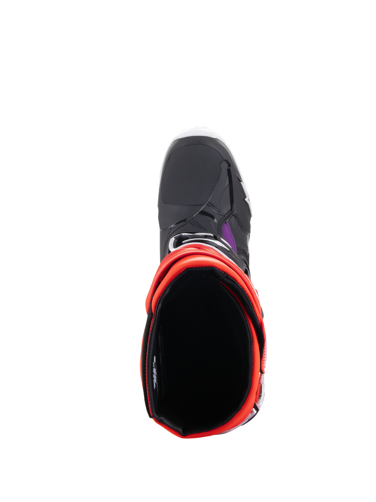 Alpinestars Tech 10 Stiefel, Motocross-Stiefel, Schwarz, Fluo-Rot, Fluo-Orange und Weiß, Ansicht von oben mit Darstellung der Innenöffnung und Zehenbox, schützendes Offroad-Schuhwerk