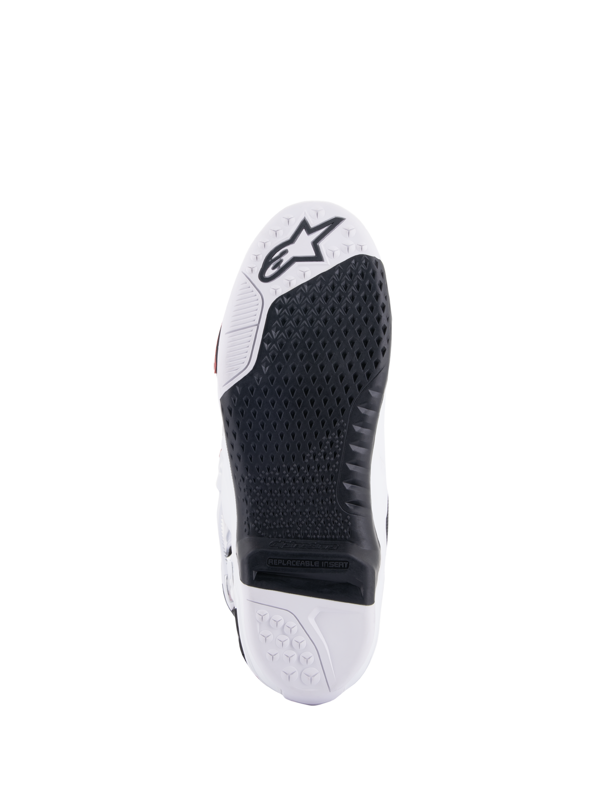 Alpinestars Tech 10 Stiefel, Motocross-Stiefel, Unteransicht mit schwarzem austauschbarem Mitteleinsatz und weißer Sohle, strukturiertes Profilmuster, Alpinestars-Sternlogo im Zehenbereich, strapazierfähiges Offroad-Schuhwerk