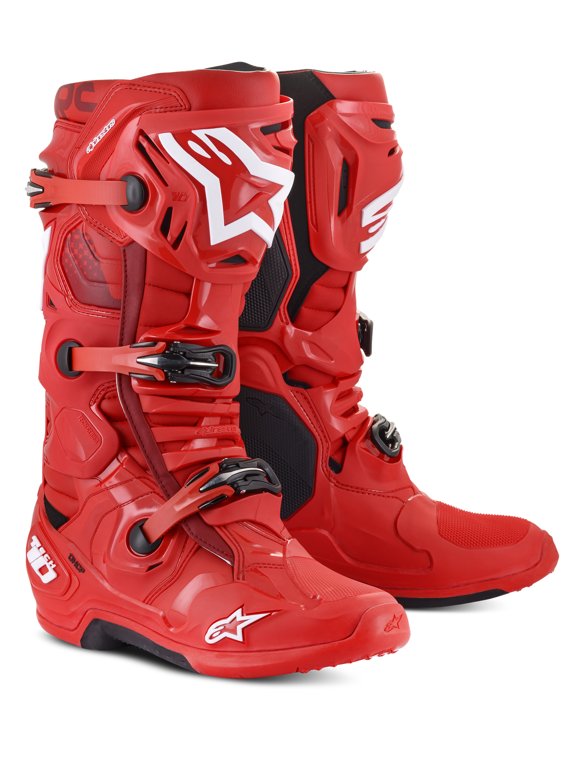Alpinestars Tech 10 Stiefel, Motocross-Stiefel, Rot mit weißen Logos, mit Dreifach-Schnallen-Verschlusssystem und schwarzen Sohlen, strapazierfähiges Schuhwerk für den Offroad-Rennsport
