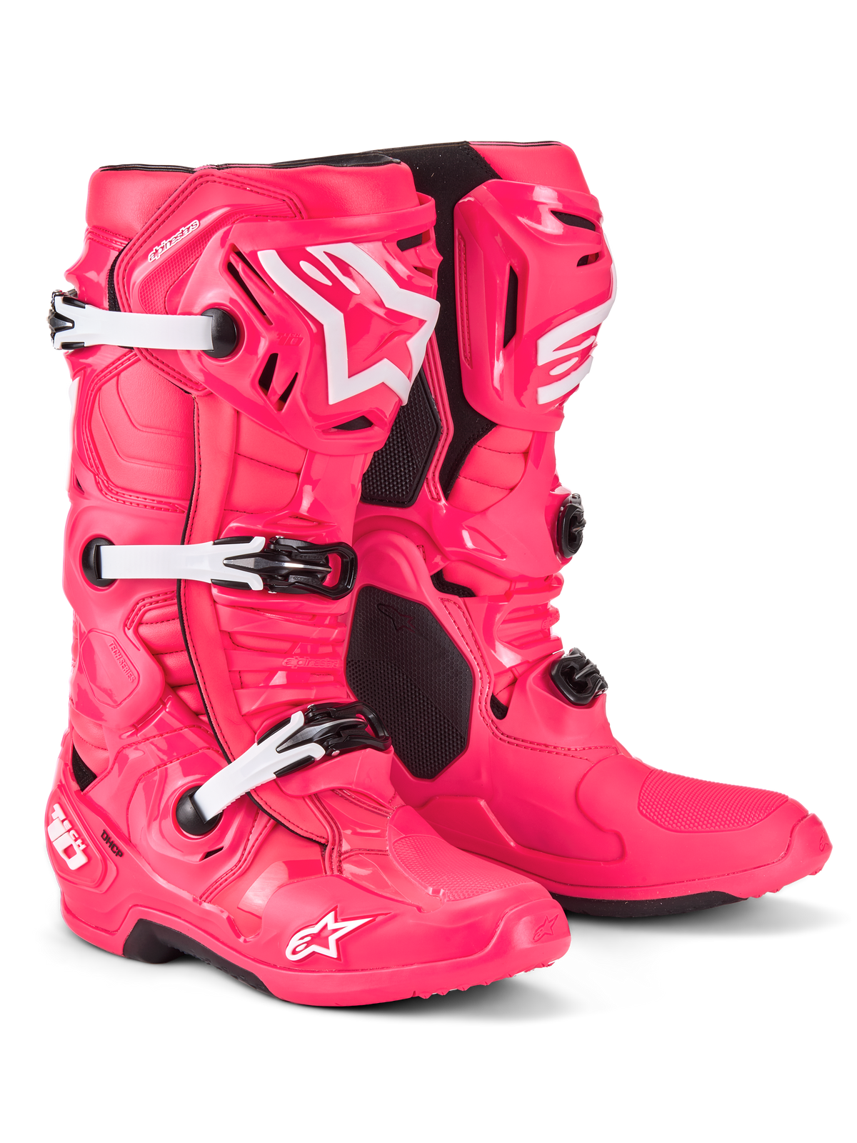 Alpinestars Tech 10 Stiefel, Motocross-Stiefel, Diva Pink und Weiß, mit einer leichten Verbundkonstruktion, einem Dreifach-Schnallensystem, einer TPU-Schutzschale und dem ikonischen Stern-Logo auf Schienbein und Zehenbereich, professionelles Schuhwerk für den Offroad-Rennsport.