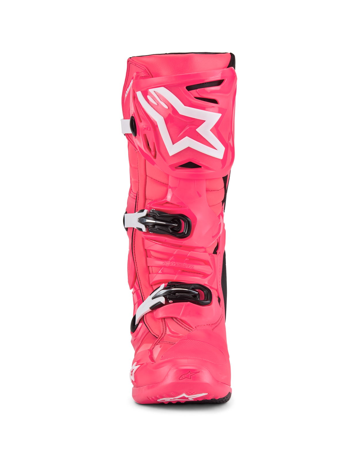 Alpinestars Tech 10 Stiefel, Motocross-Stiefel, Diva Pink und Weiß, Frontansicht, mit weißem Stern-Logo auf der Schienbeinplatte, strapazierfähige TPU-Schale mit schwarz-weißen Schnallen, professionelles Offroad-Rennschuhwerk