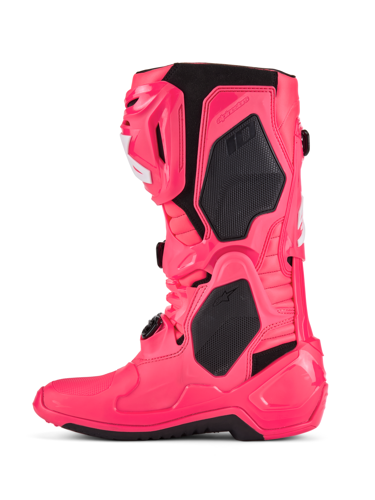 Alpinestars Tech 10 Stiefel, Motocross-Stiefel, Diva Pink und Weiß, mit schwarzen TPU-Schutzpaneelen, beweglichem Flex-Rahmen und robustem Offroad-Design.